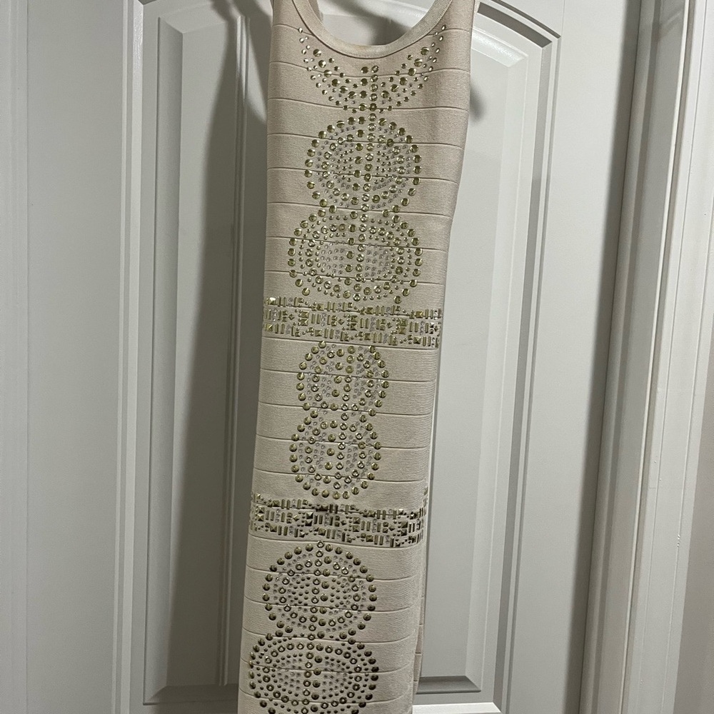 NWT - Bebe Beige Sleeveless Dress w/ Hand Embellished Gold/Crystal Studs. Medium